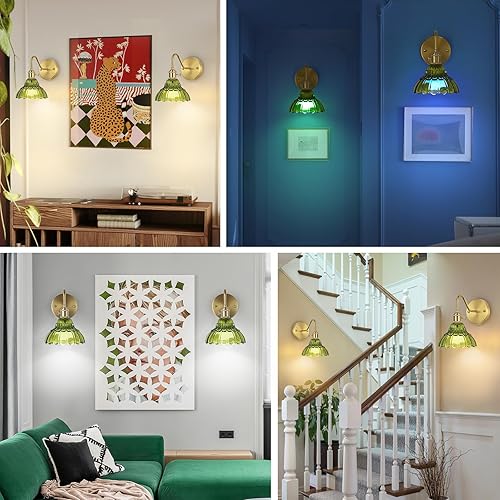 Miniatura 8 de Juego de dos apliques de pared vintage que funcionan con pilas, para interiores, no cableados, de latón y cristal verde, luces de pared RGB
