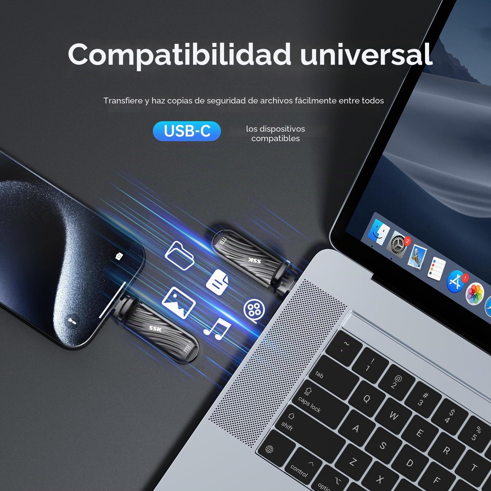 SSK Unidad SSD Externa 1 TB USB C hasta 2000 MB/s, Memoria USB 3.2 Gen 2X2 portátil Unidades de Estado Sólido Externas Consumo de Energía Ultrabajo Compatible con Mac/WTG/Android