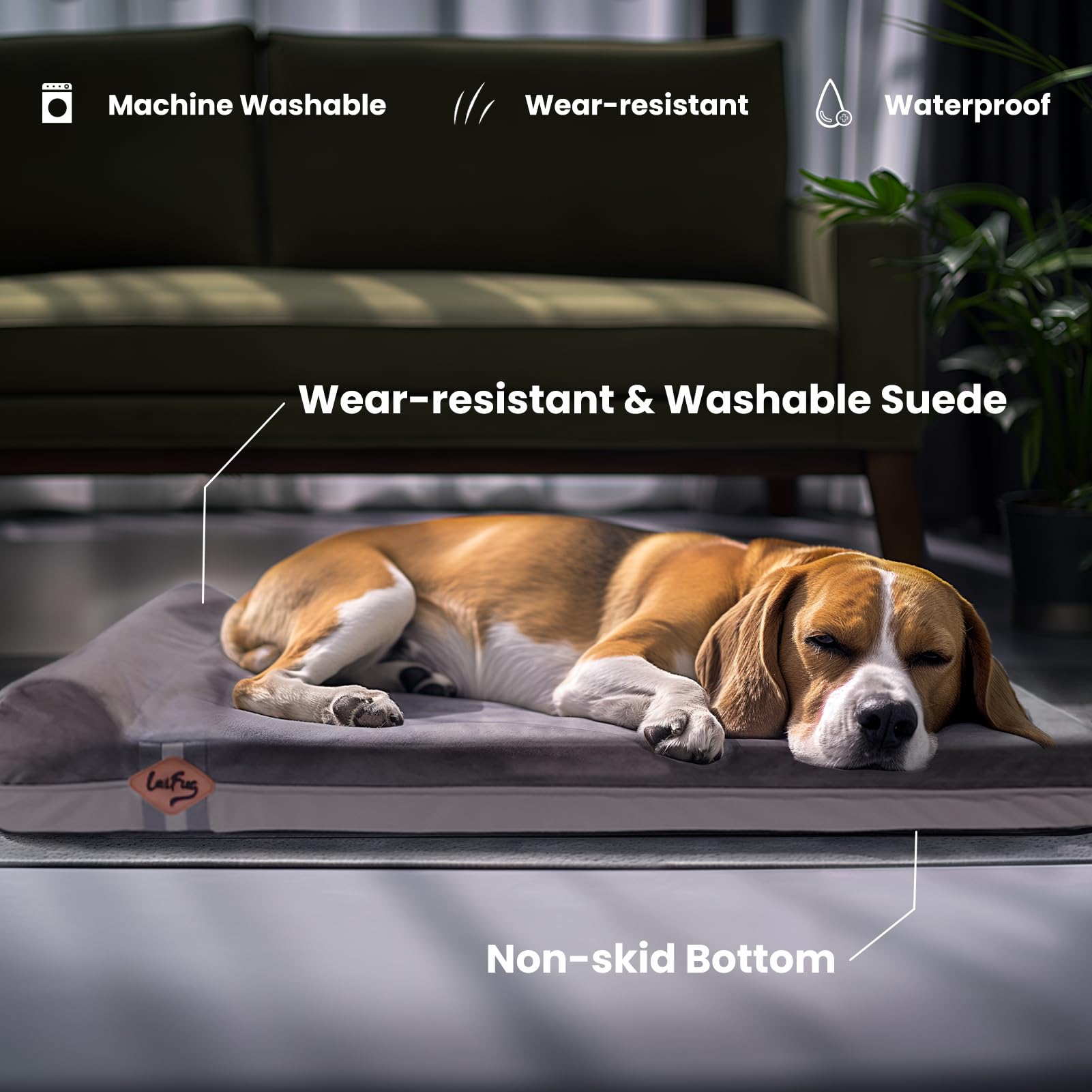 Laifug Cama ortopédica de espuma viscoelástica extragrande para perro con almohada y forro duradero a prueba de agua, funda extraíble lavable y diseño inteligente (grande (40 x 25 x 6 pulgadas), gris)