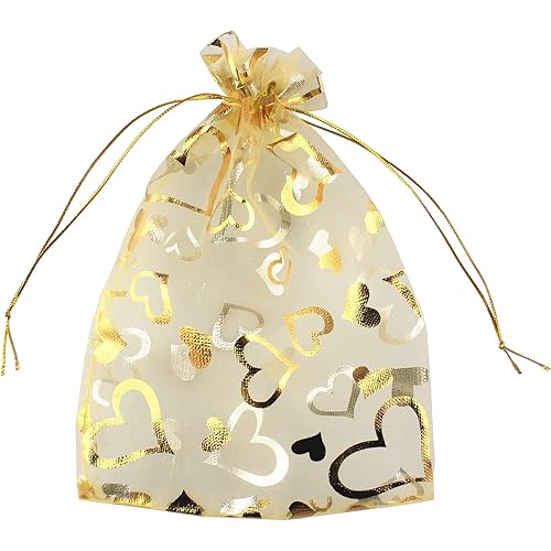 QIANHAILIZZ 5 x 7 Inch 100 Heart Organza Jewelry Gift Pouch Candy Pouch Flower Drawstring Wedding Favor Bags (Gold Heart)