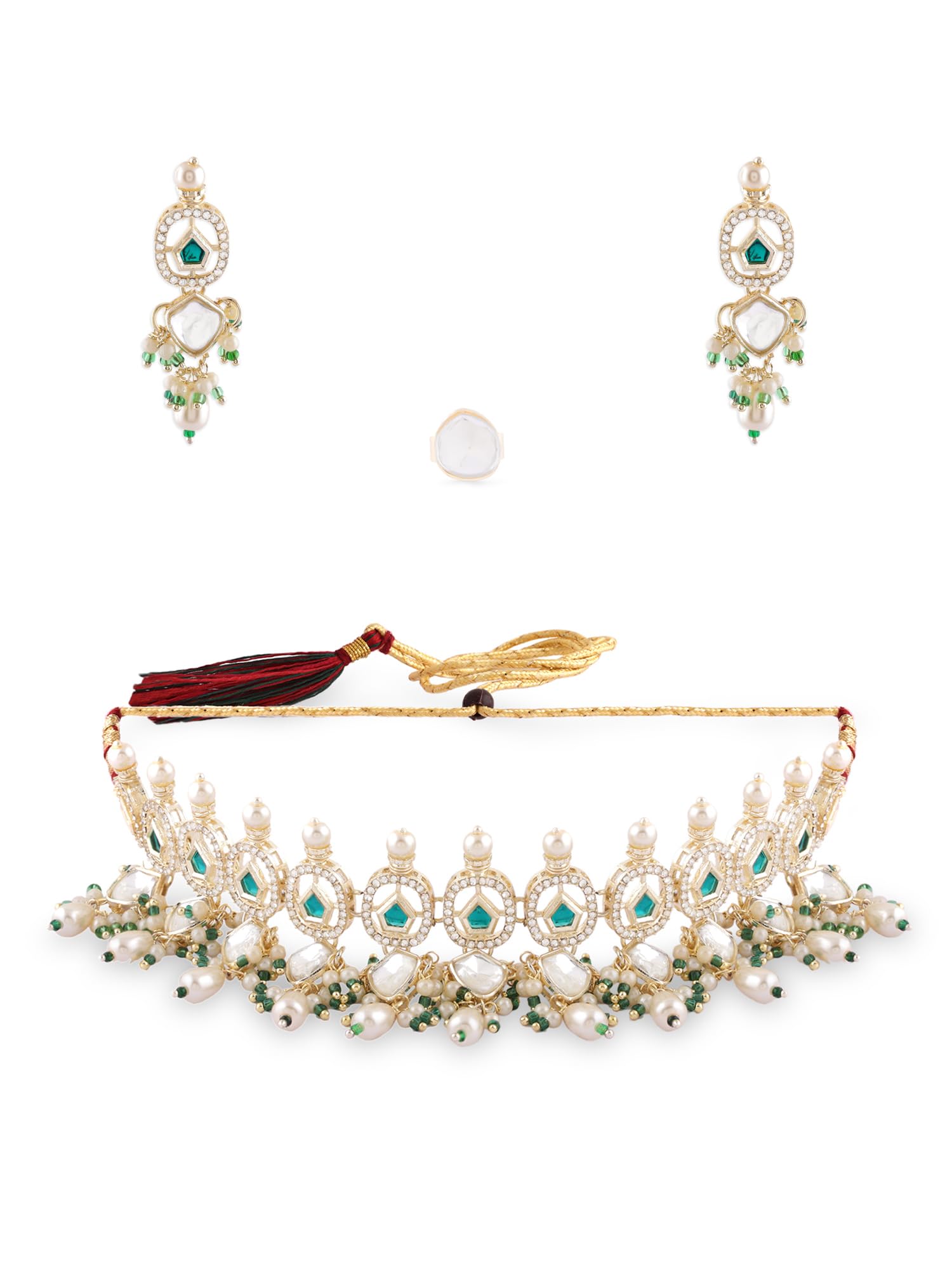 ZAVERI PEARLS Green Stones Rajwada Kundan Choker Necklace Earring & Ring Set For Women-ZPFK17279 (B0CTF74N4L) Amazon Price History, Amazon Price Tracker