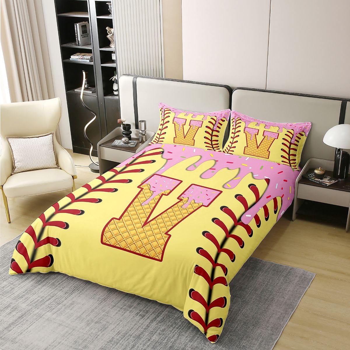 Homwish Lody Baseball poszewka na kołdrę podwójna żółta różowa litera V bawełna zestaw pościeli kreskówka piłka gry sport poszwa na kołdrę słodkie cukierki deser pościel wystrój pokoju zestawy łóżek