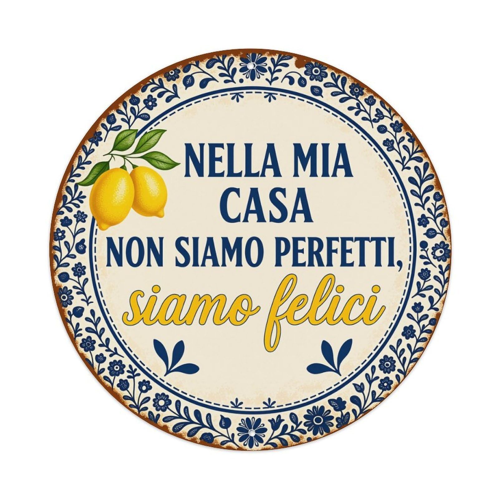 Blue Floral Border With Lemons And Italian Text Vintage Round Tin Sign Retro Metal Wall Decor Metal Poster, Home Bar Garage Man Cave Cafe Indoor & Outdoor Decoration 8x8Inches