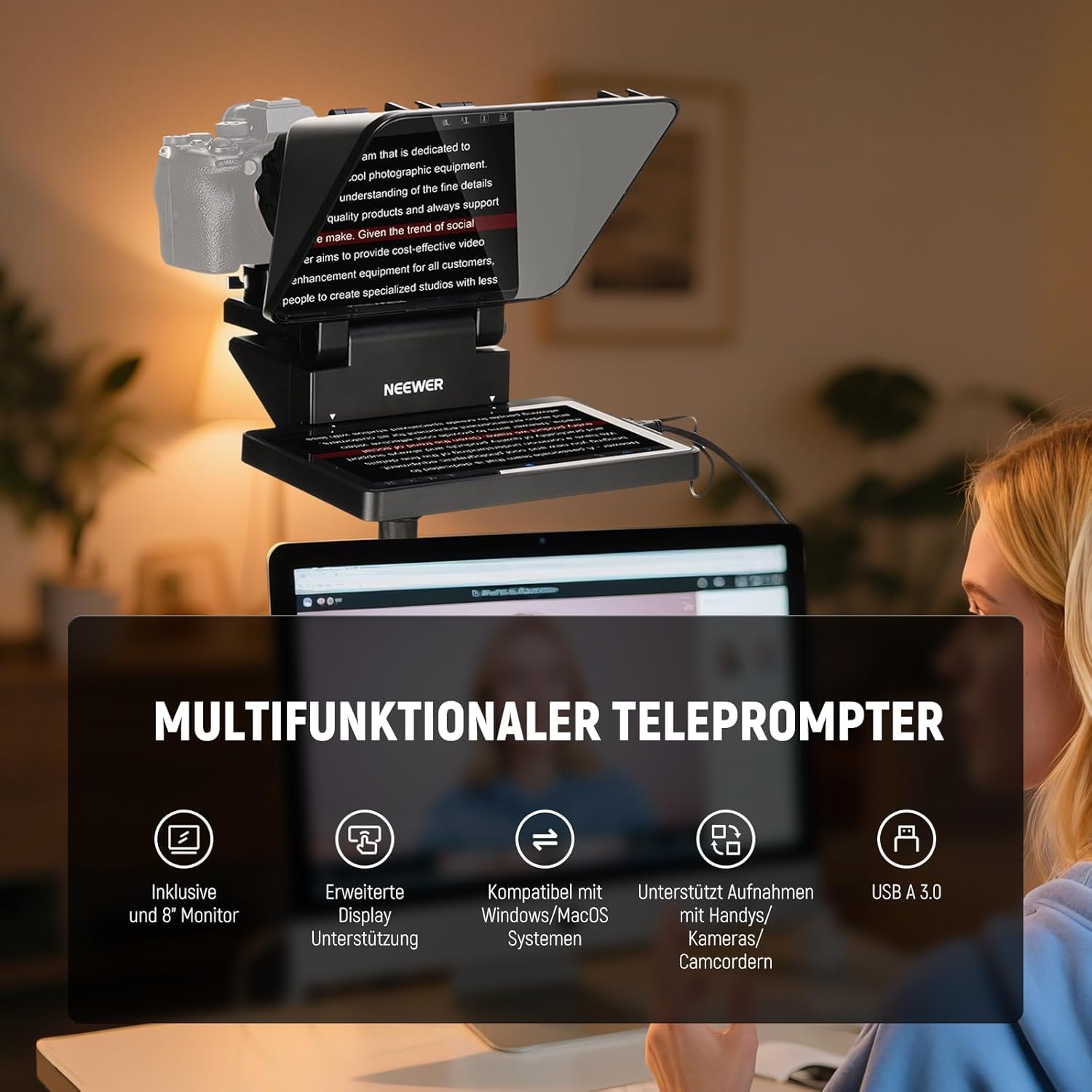 NEEWER 2 in 1 Teleprompter 11 Zoll mit Monitor für Windows MacOS, Unterstützt Bildschirmspiegelung, Tragbarer Prompter für Kamera Mobiltelefon Webcam für YouTube Twitch Live Streaming Konferenzen, X11