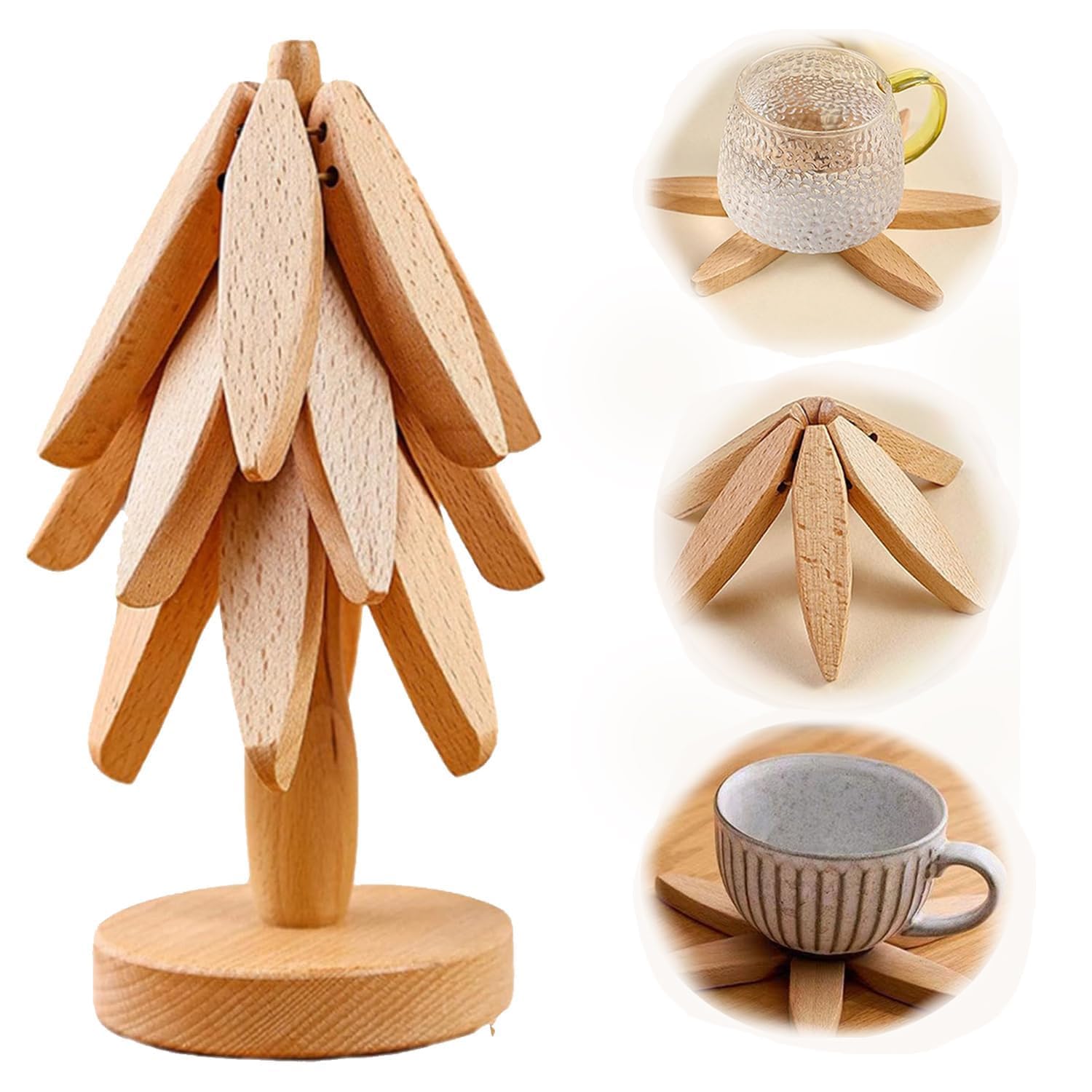 Wooden Trivets for Hot Dishes, Tree Shape Wood Coasters Trivet Set with Foldable Heat Resistant Hot Pads, Non-Slip Pot Holders Table Mat for Protection Pot Bowl Teapot Cups (Wood)