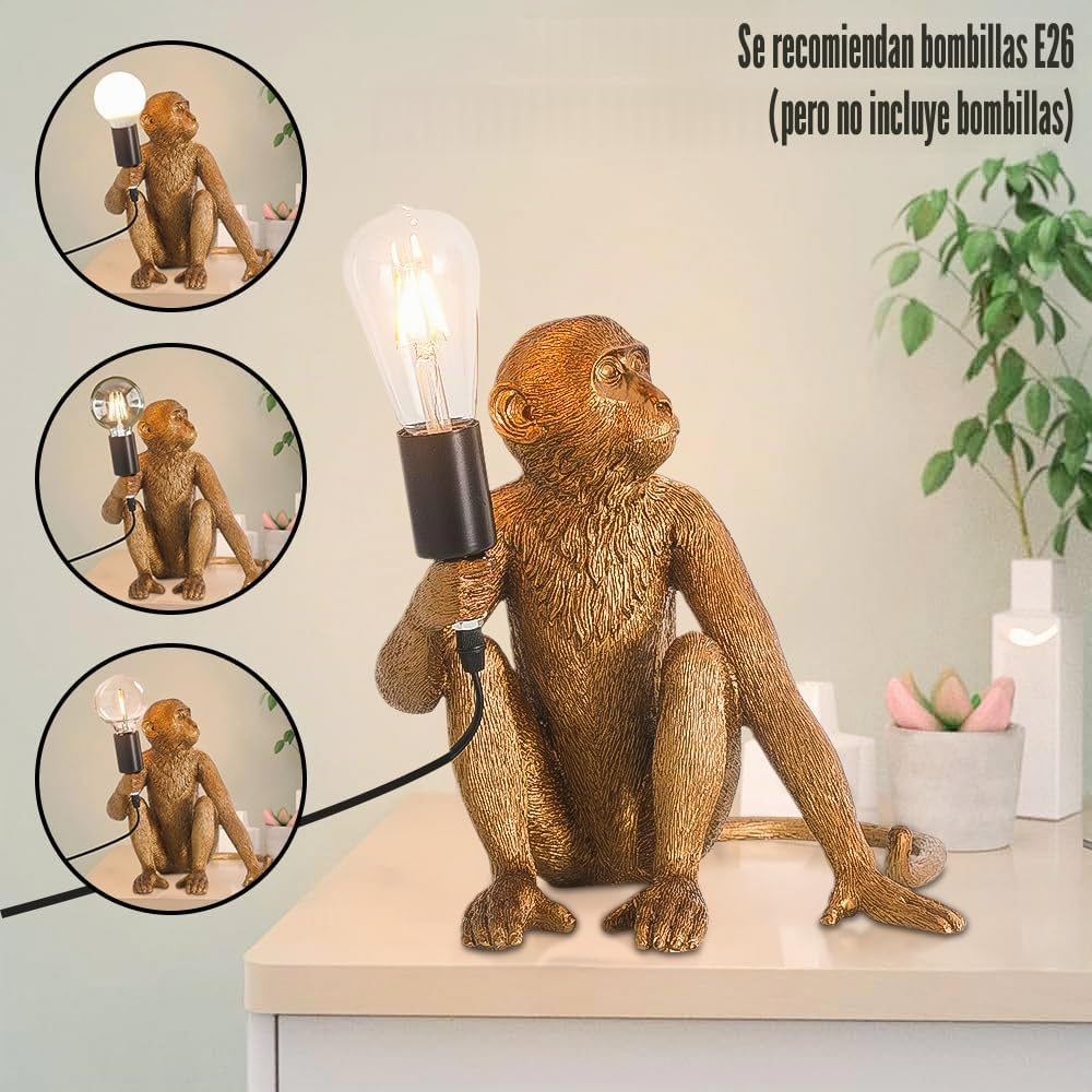 Lámpara de mesa con diseño de mono, de resina, lámpara de mesa con interruptor de botón, para dormitorio, sala de estar (dorado)
