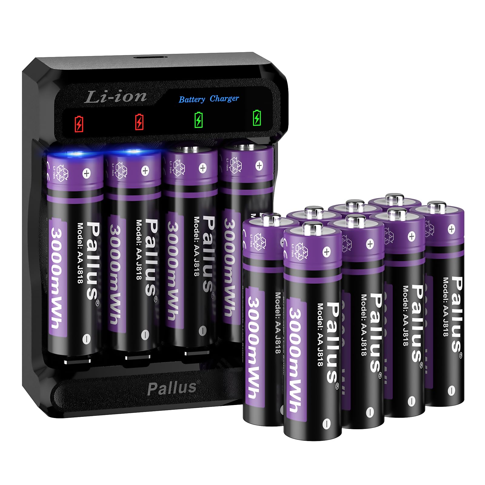 Pallus Lot de 12 Piles AA Rechargeables au Lithium, Haute Capacité de 3000 mWh, Jusqu'à 1600 Cycles, Chargeur Rapide de 2 Heures avec 4 Emplacements Indépendants