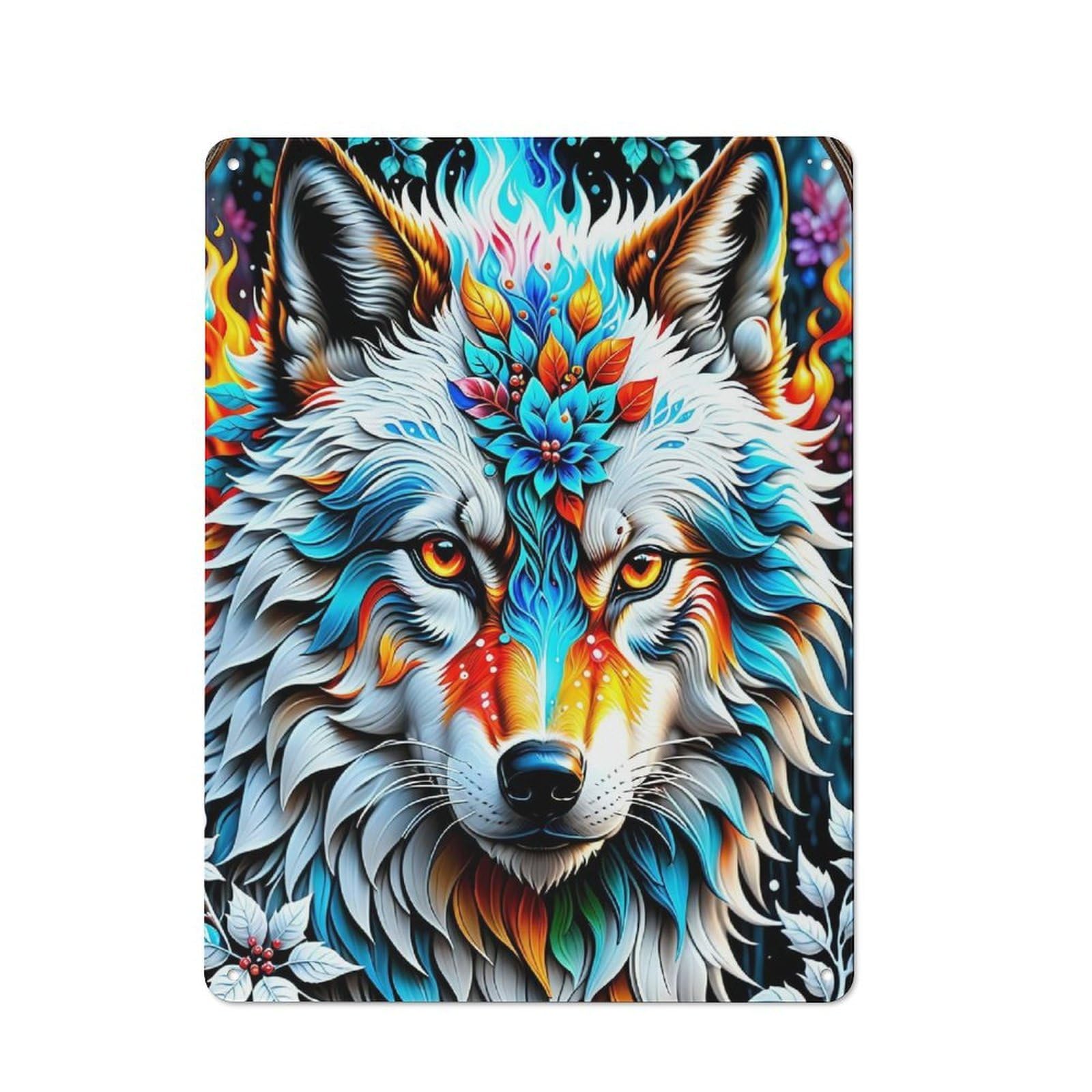Metal Wall Plaque with Mythical Wolf Design 40x30cm, Retro Novelty Wall Art for Bedroom, Kitchen, Office Or Living Room