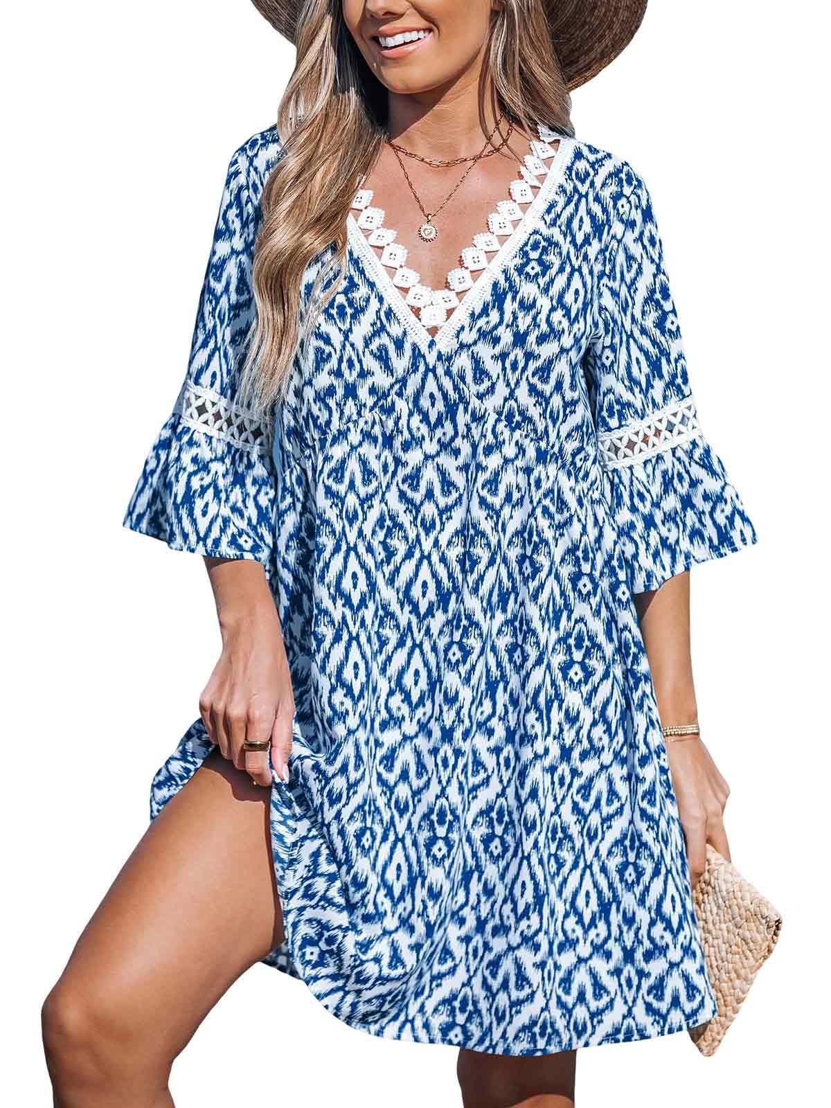 CUPSHEWomen V Neck Lace Trim Mini Summer Dress Cover Up 3/4 Sleeve Ruffled Cuff Casual Sundress Beach Dresses Cover Ups