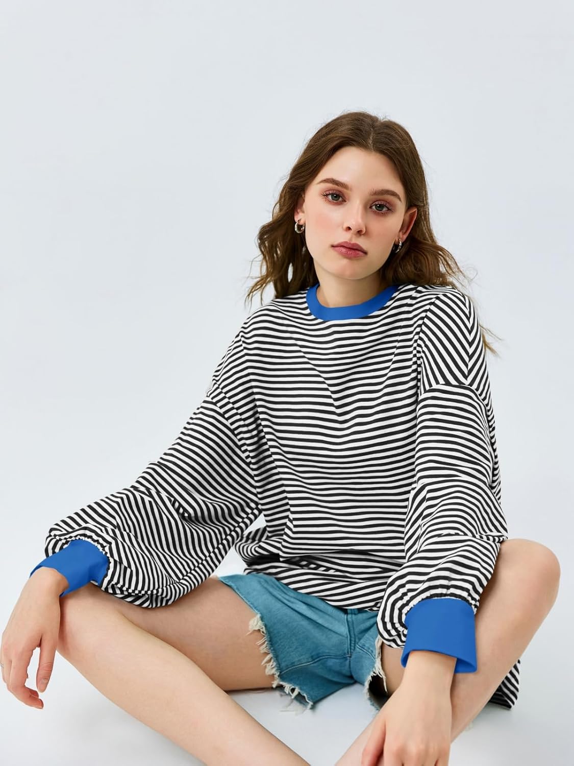 Tankaneo Womens Oversized Long Sleeve T Shirts Striped Color Block Cotton Tunic Tops Loose Fit Fall Crewneck Sweatshirt - Image 4