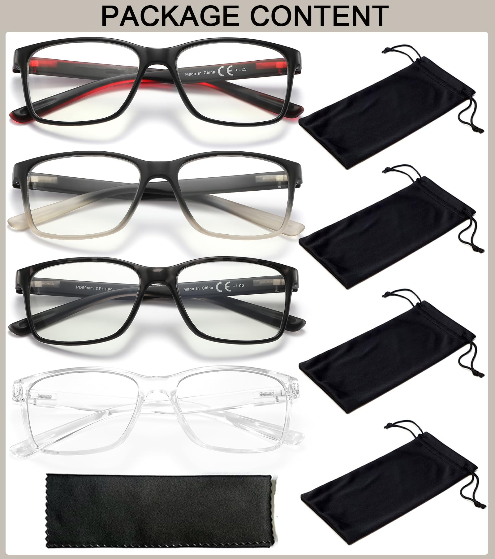 Lesebrille mit blauem Licht für Herren, 4 Stück, stilvoll, für Computer, 1,5 Leser, mit Federscharnieren, Anti-Fulnis-Filter / Ermüdung der Augen, L, Packung mit 4 Farben, gemischt, A4,