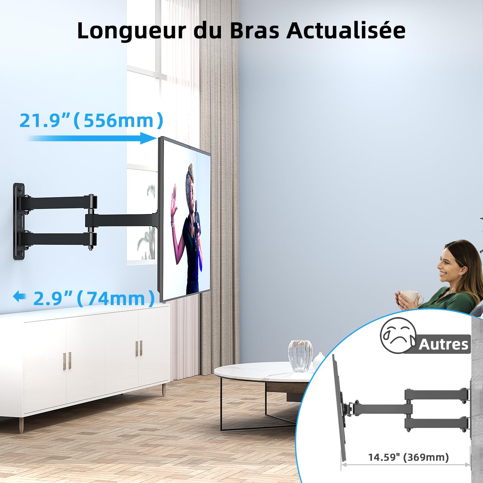 Support Mural TV d'angle Bras Long 17-42 Pouces, VESA 200x200, Charge 15 kg