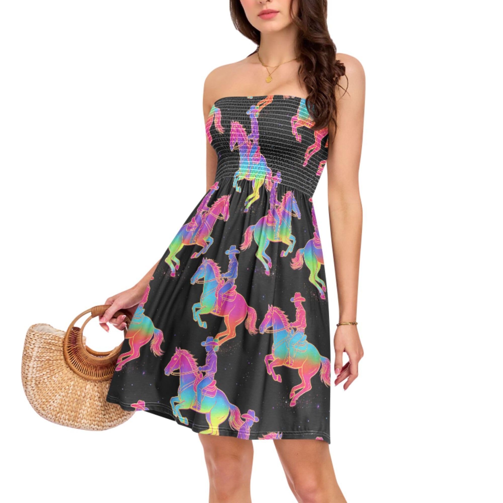 Summer Dreeses for Women Rainbow Cowboys Riding Horses Casual Strapless Tube Top Sundress…