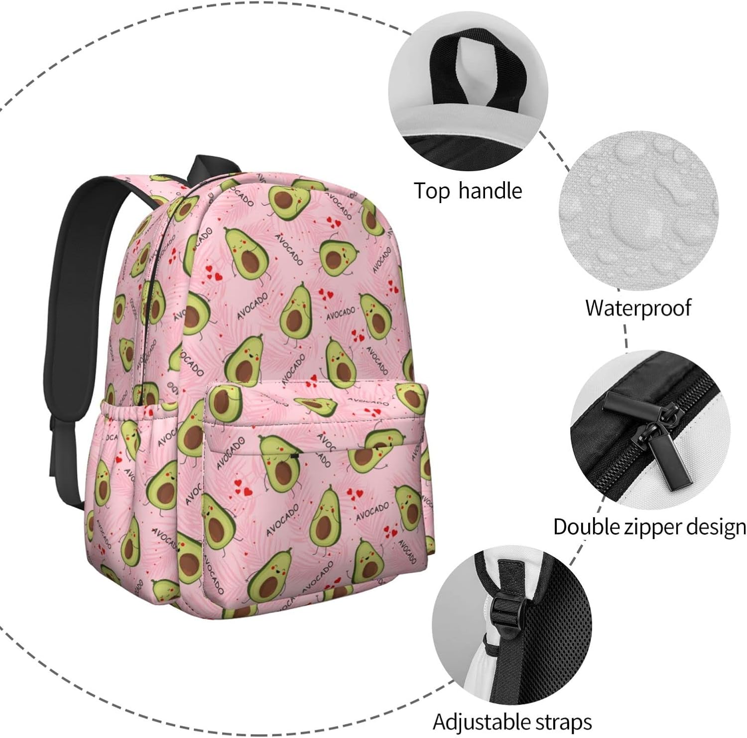 17 inch Backpack Cute Avocado Pink Palm Leaves Laptop Backpack School Bookbag Shoulder Bag Casual Daypack