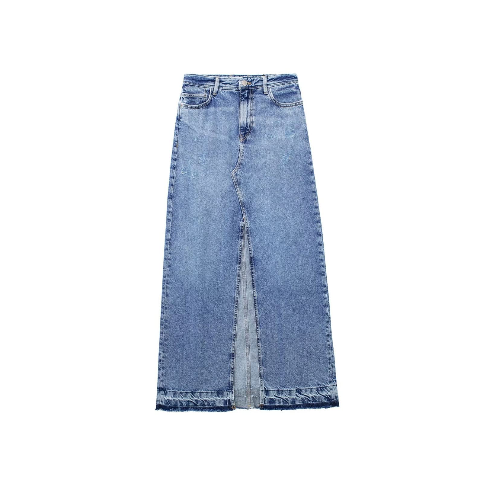 Falda larga para mujer, color azul vaquero, con cremallera frontal, abertura frontal, cintura alta, falda para mujer