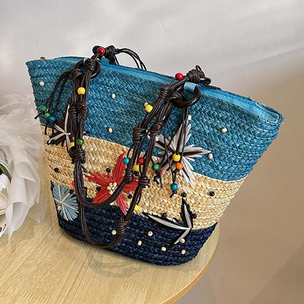 Borsa a tracolla ricamata a mano in paglia bohémien con perline per viaggi