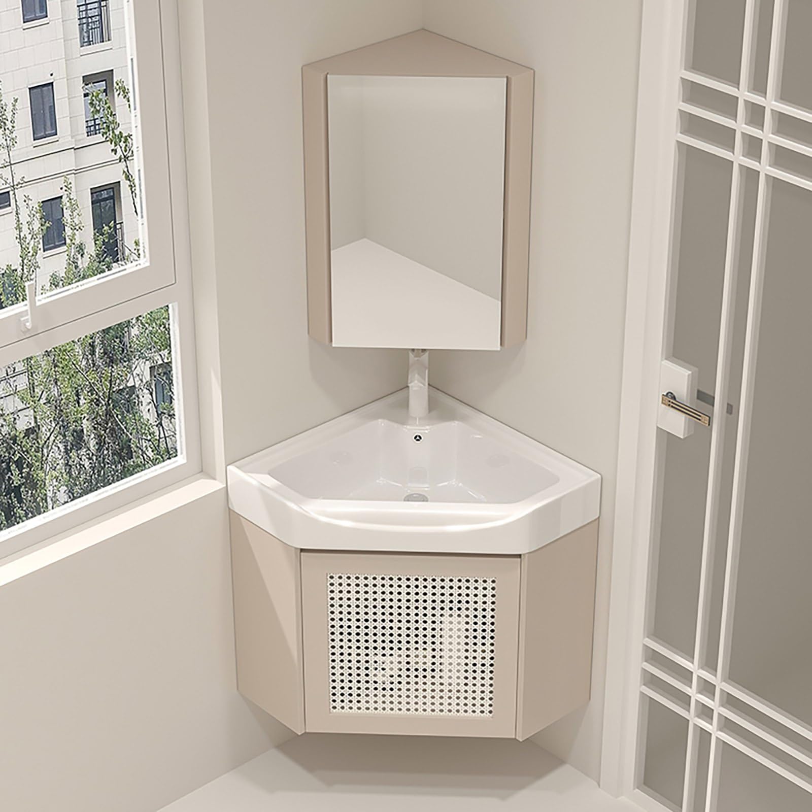 BKSXSOP Corner Bathroom Vanity with Sink, Floating Ceramic Sink & Mirror Cabinet, Space-Saving Storage Faucet Drain for Small Bathrooms