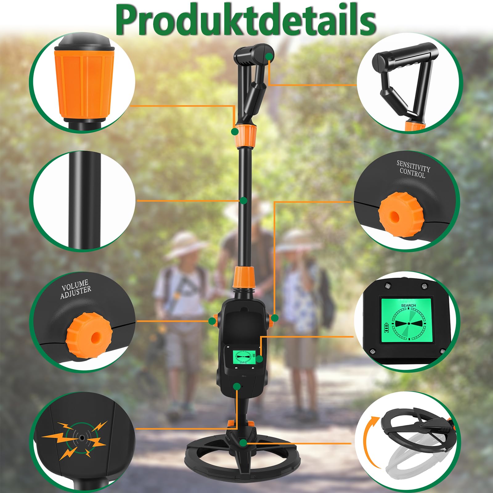 Leichter hochempfindlicher Metalldetektor mit LCD Display, Outdoor Schatzsuch Metalldetektoren,Mit Kunststoff Schaufel, Rechen &Tragtasche(Modell 1008) Schwarz