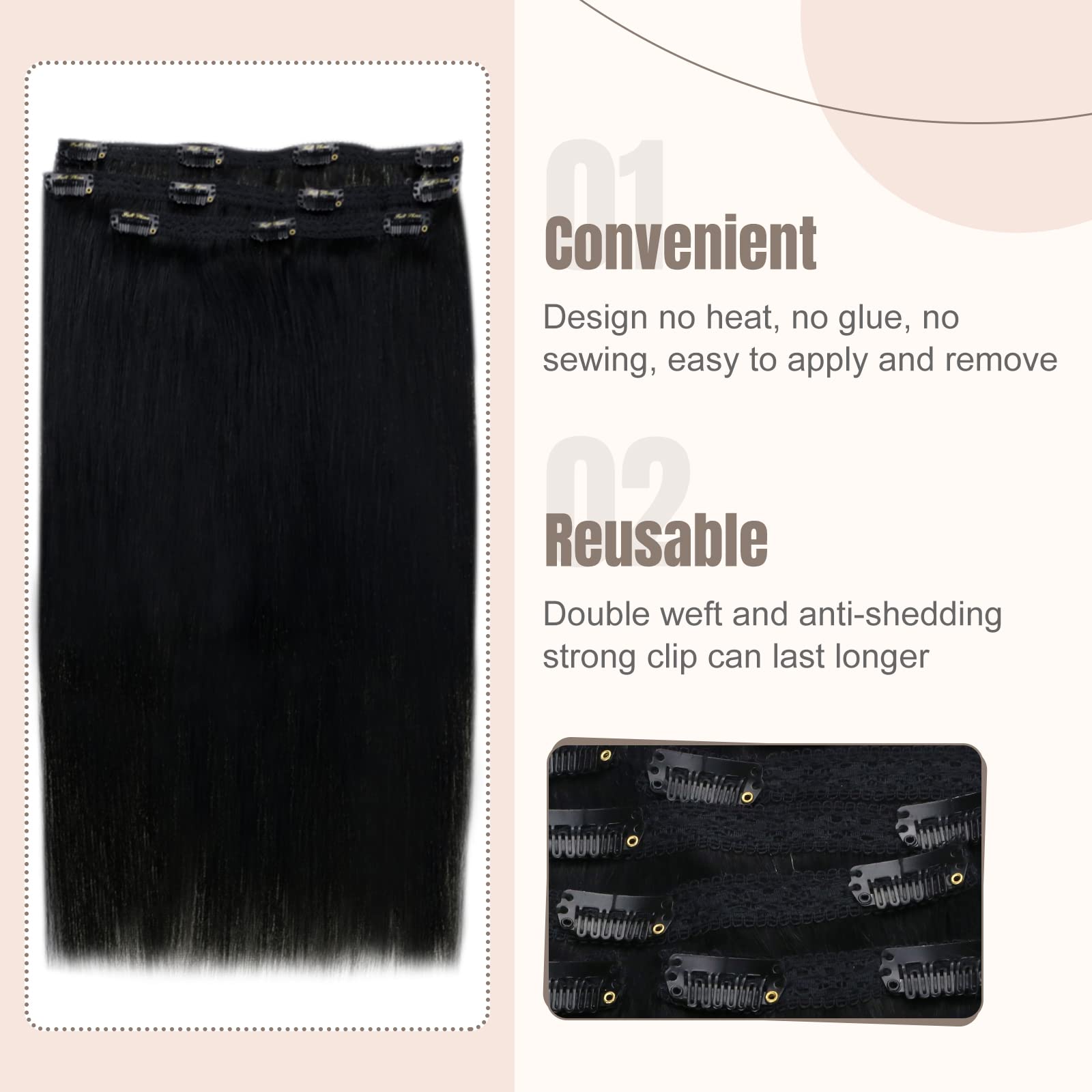 Fshine Black Real Hair Extensions Clip in Human Hair 22In Black Real Hair Clip in Hair Extensions Black Clip in Extensions Clip in Remy Hair Extensions Long Thick Hair 7pcs 120g - Image 4