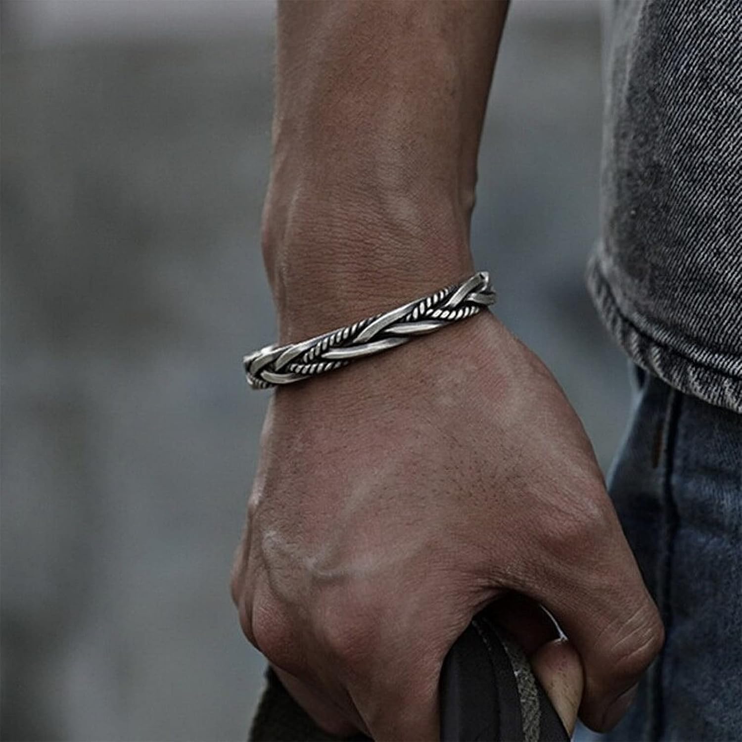 Men Silver Cuff Bracelet Jewelry Retro Twisted Braided Open Bracelet - Image 4