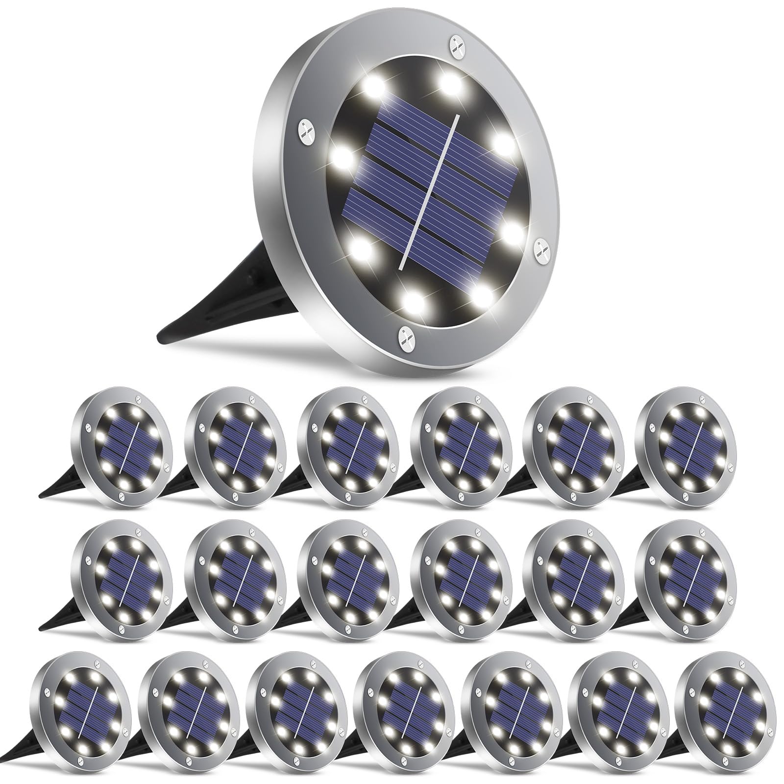 Solar Ground Lights 20 Packs, Solar Lights Outdoor Bright 8 LED Disk Lights Garden Waterproof Patio In-Ground Lights for Lawn, Pathway, Yard, Driveway, Step and Walkway White Light