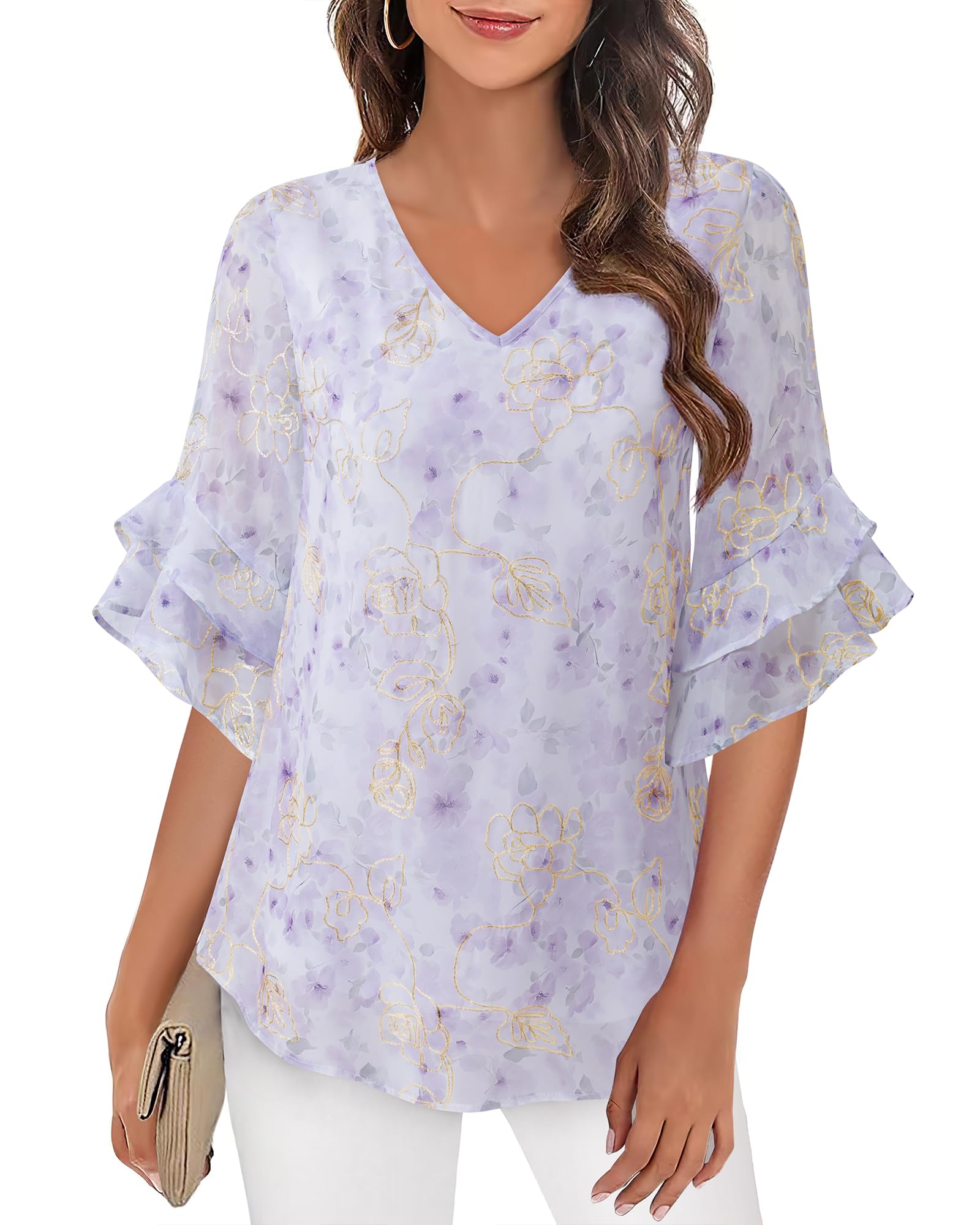 VALOLIA Womens Blouses 3/4 Sleeve Dressy Tops Business Casual Double Layers Shirts