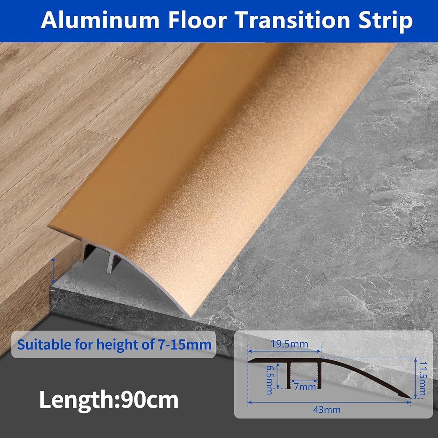 Rampe de Seuil Aluminium Seuil de Porte Barre de Seuil Rattrapage Bande de Transition Profilé de Transition,Convient pour Pente de 6-12mm(Or Cuivré, 0.9m×4.3cm)