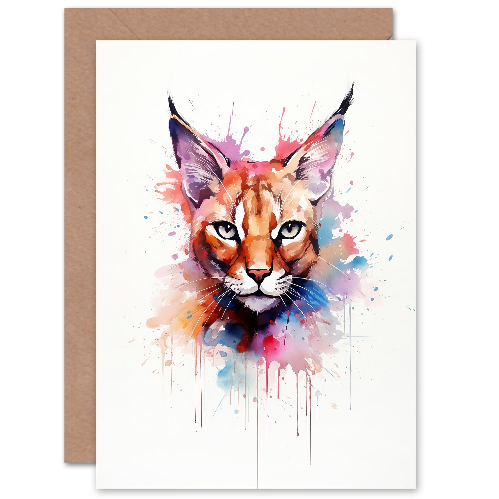 Artery8 Caracal Cat Lovers Gift Watercolour Pet Portrait Painting Artwork Sealed Greeting Card Plus Envelope Blank inside
