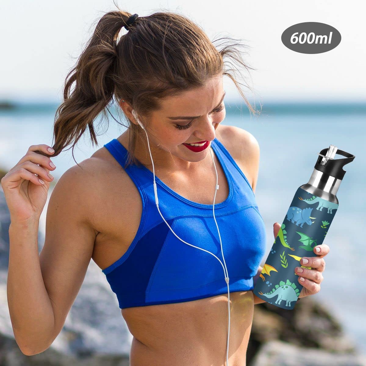 Edelstahl Wasserflasche mit Strohhalm, Dinosaurier isolierte Trinkflasche Sport Wasserflasche für Kinder Erwachsene, auslaufsicher, 1L
