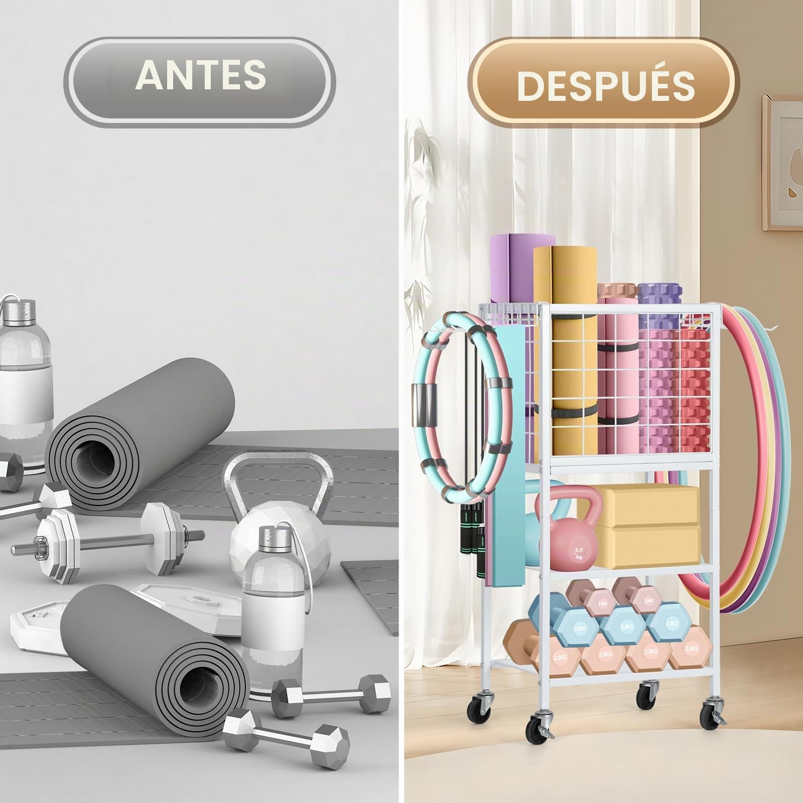 CADUKE Soporte y soporte para mancuernas, almacenamiento de esterilla de yoga con ganchos y ruedas, estante de pesas para gimnasio en casa, pesas rusas, esterilla de yoga, bloque de yoga, rodillo de