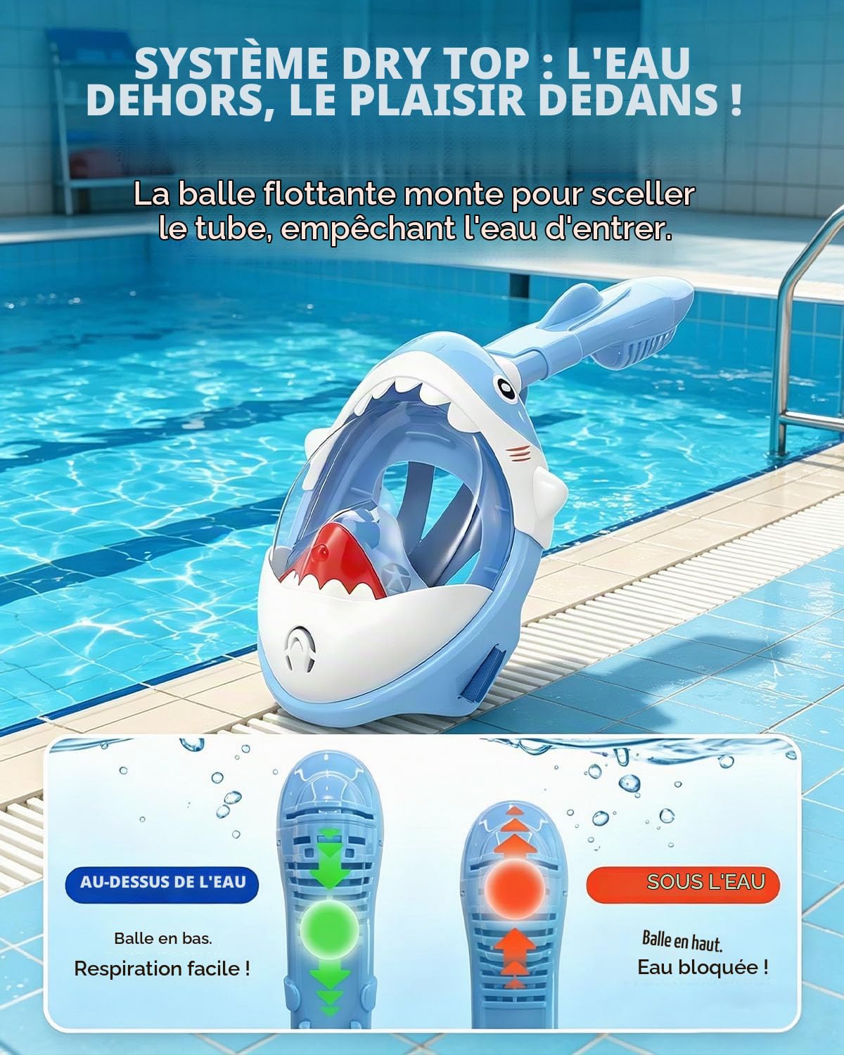 Masque de plongée intégral pour enfants de 5 à 10 ans, vue super haute définition à 180°, anti-buée, anti-fuite et fonction supérieure sèche pour enfants
