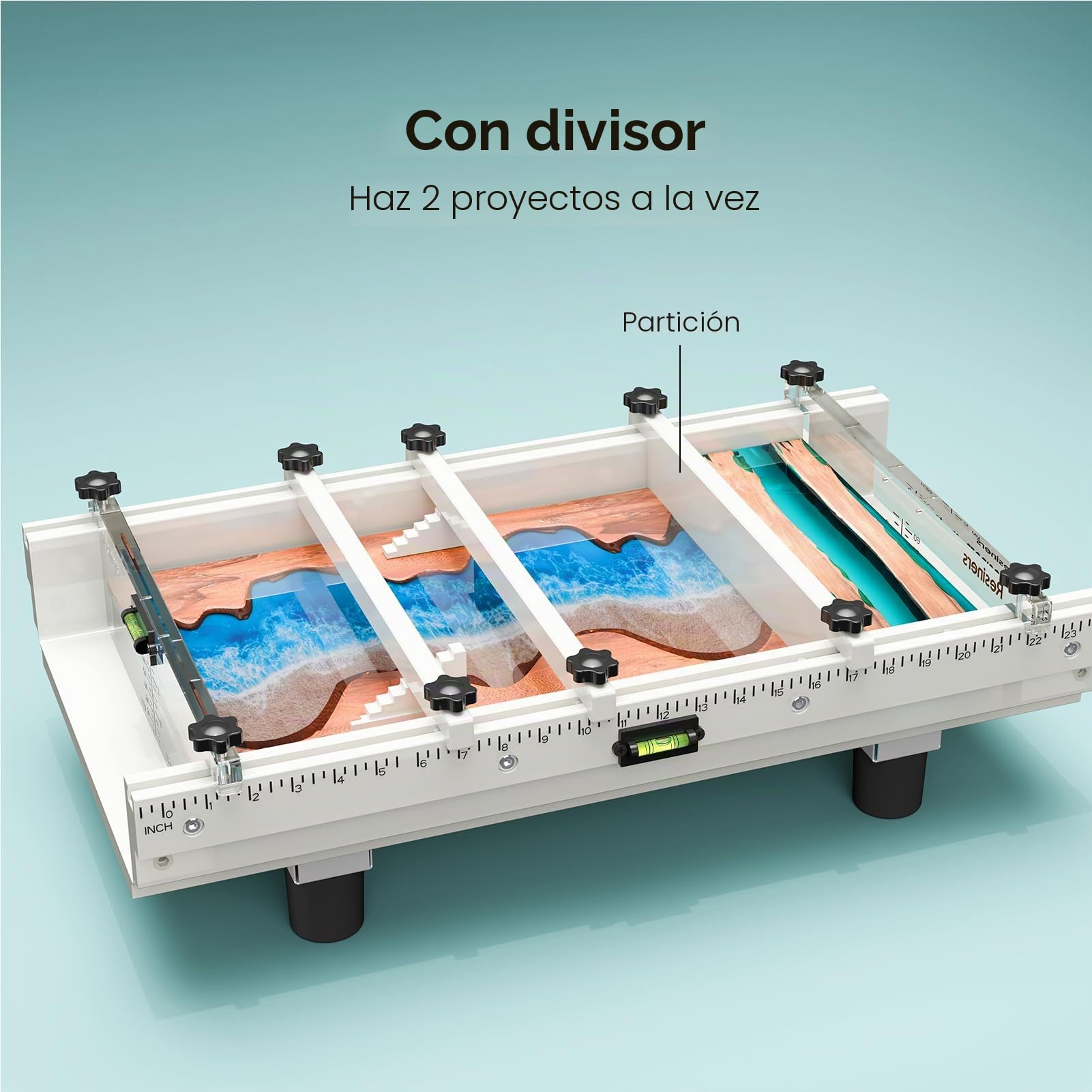 Resiners - Molde de resina epoxi para mesa de río con divisor ajustable, 24 x 12 x 3 pulgadas con nivel de burbuja, sistema de abrazadera de llenado y tabla de profundidad transparente ideal