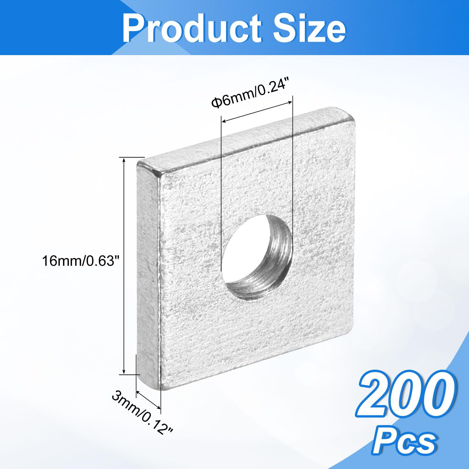 uxcell 200 tuercas cuadradas M6 x 16 mm x 3 mm, acero al carbono, chapado en zinc, tuercas cuadradas de rosca gruesa para reparaciones del hogar e ingeniería profesional, color plateado