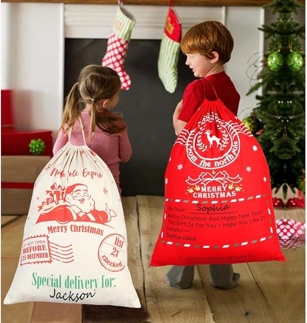 OurWarm 2PCS Large Christmas Sacks Santa Sacks Gift Sacks Christmas Gift Bags Xmas Canvas Gift Bags with Drawstring for Christmas Decorations, Extra Large Size 70x50cm