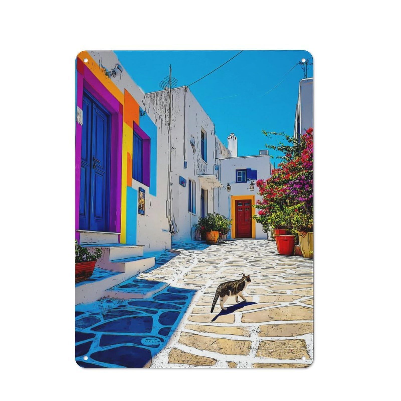 Junmoney Colorful Street Scene With Cat Rustic Tin Wall Plaque 40X30cm For Bar Or Restaurant, For Vintage Wall Decor Fans, For Garage And Workshop Walls