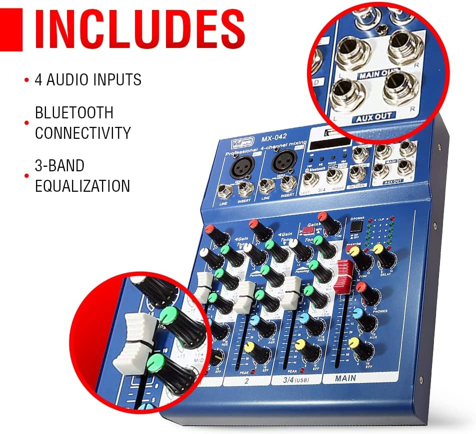 Vidpro MX-042 Professional Audio Mixer - Sound Board Console - Desk Interface System with 4 Audio Inputs Bluetooth MP3 & More Ultra-Low-Noise Ideal for Recording Casting Streaming & DJ Use