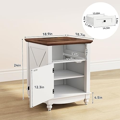 Miniatura 2 de Mesa auxiliar de granja con estación de carga, mesita de noche blanca de 18 pulgadas con puerta y armario de almacenamiento, mesita de noche con