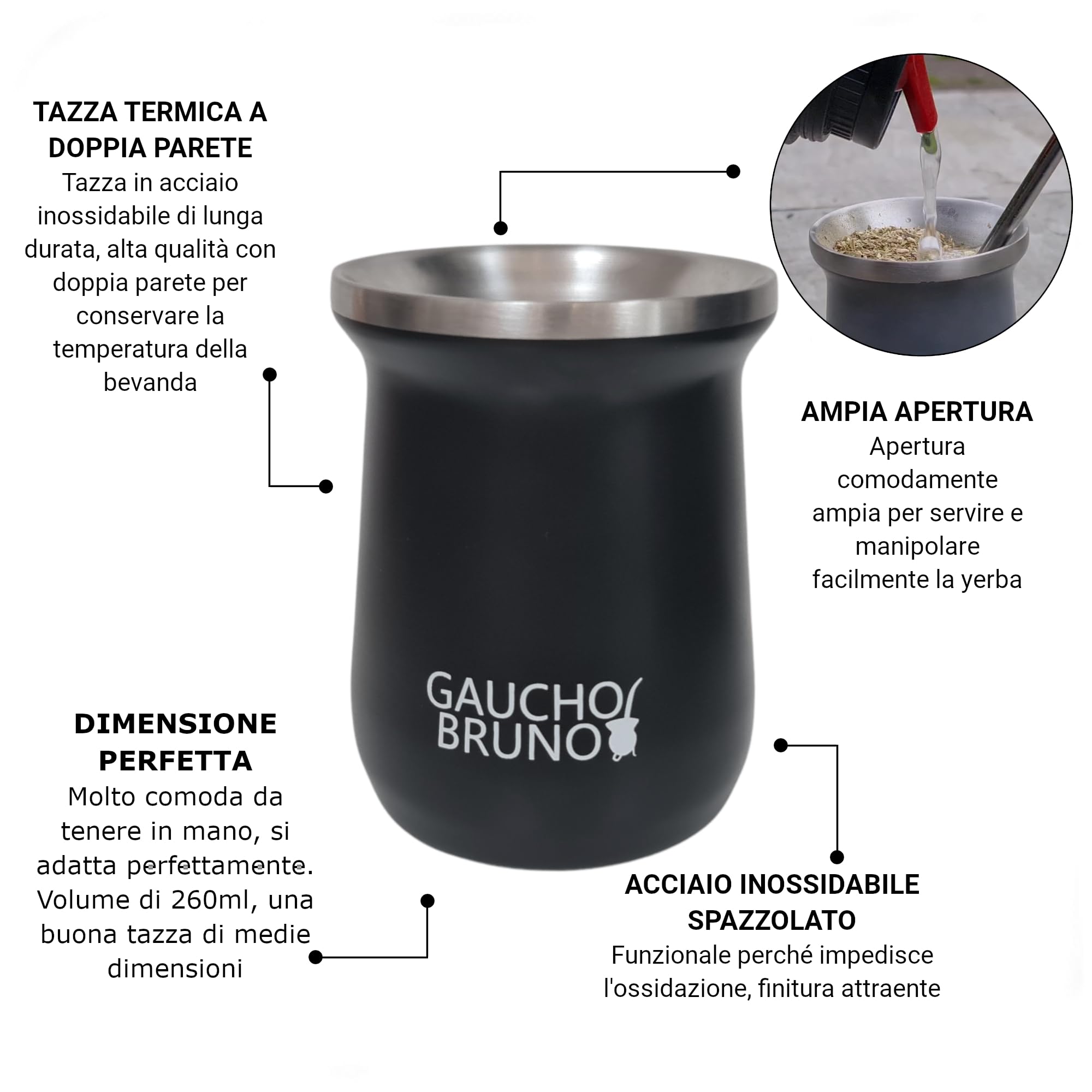 Gaucho Bruno - Kit industriale in acciaio inossidabile per bere Yerba Mate, cannuccia Bombilla e 1 litro facile da pulire | Comodo da tenere in mano | Caldo più a lungo, nero