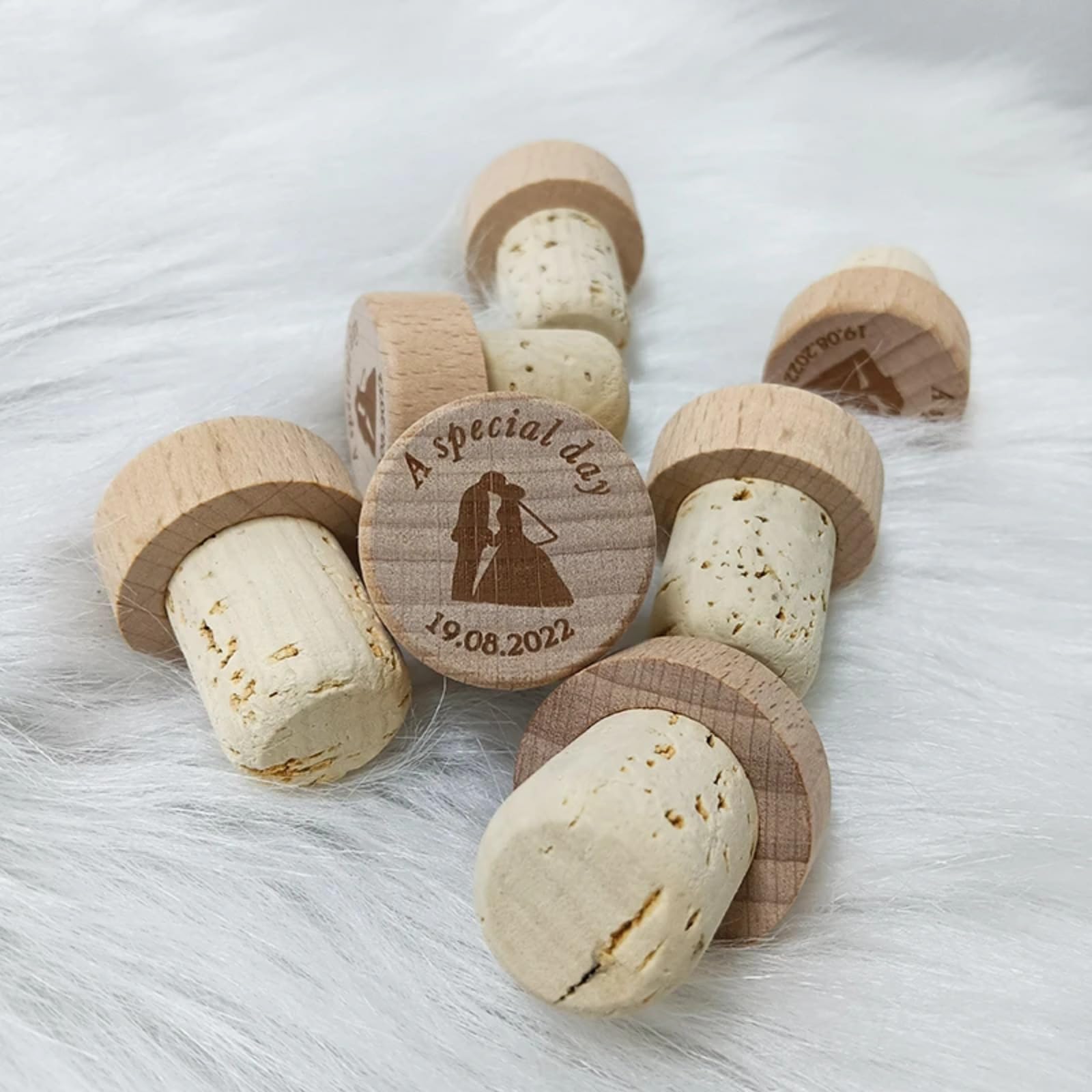 Corchos de vino personalizados para boda, corchos de botella de vino grabados, tapón de vino de madera con láser, regalo de boda y fiesta (90 unidades)