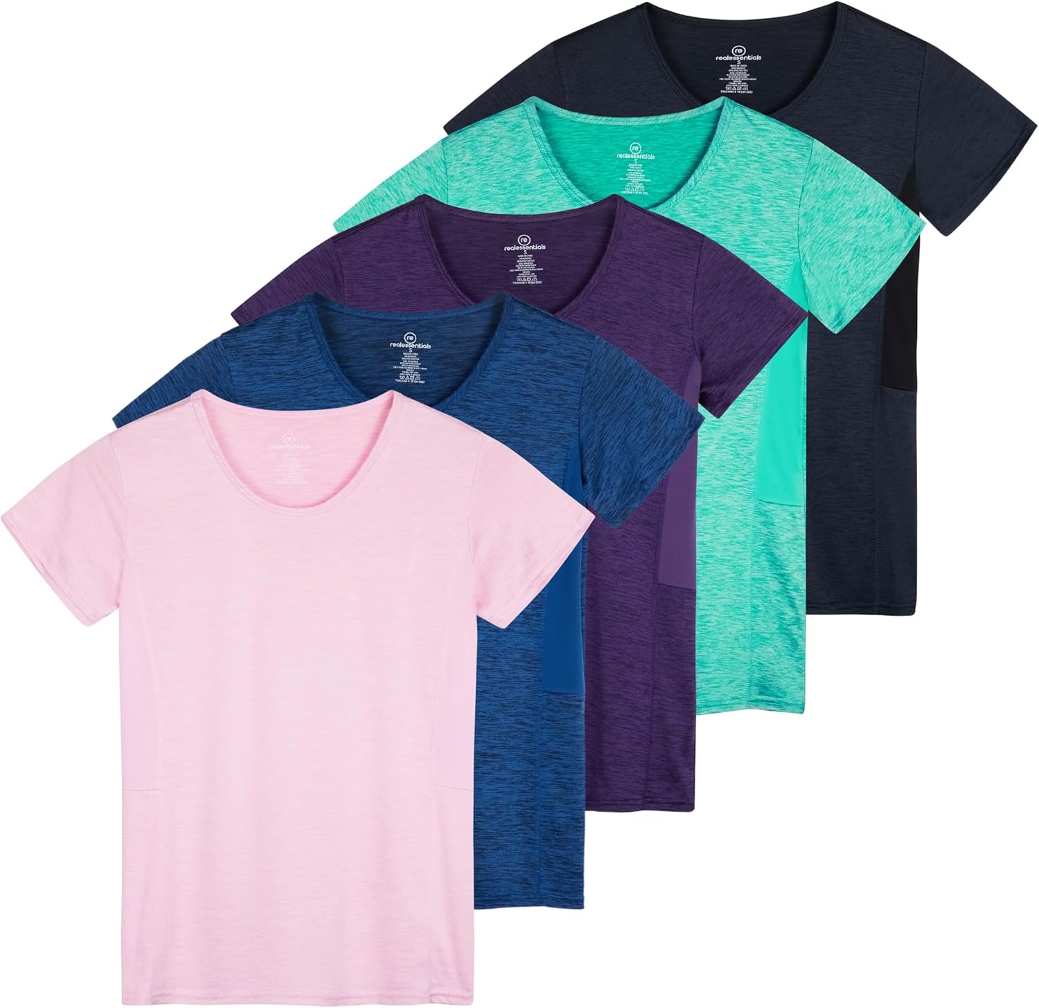 Real Essentials 5 Pack: Women's Short Sleeve T-Shirts Workout Tops Fitness Pilates Gym Activewear Athletic (Plus Available)