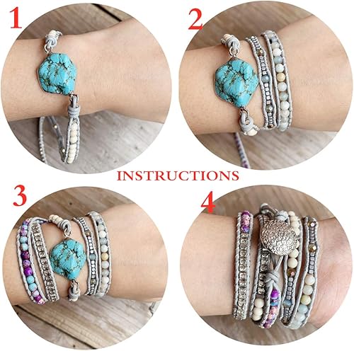 Miniatura 5 de Ygline Pulsera bohemia hecha a mano, con piedra de cristal, envolvente, de cuero, para mujer