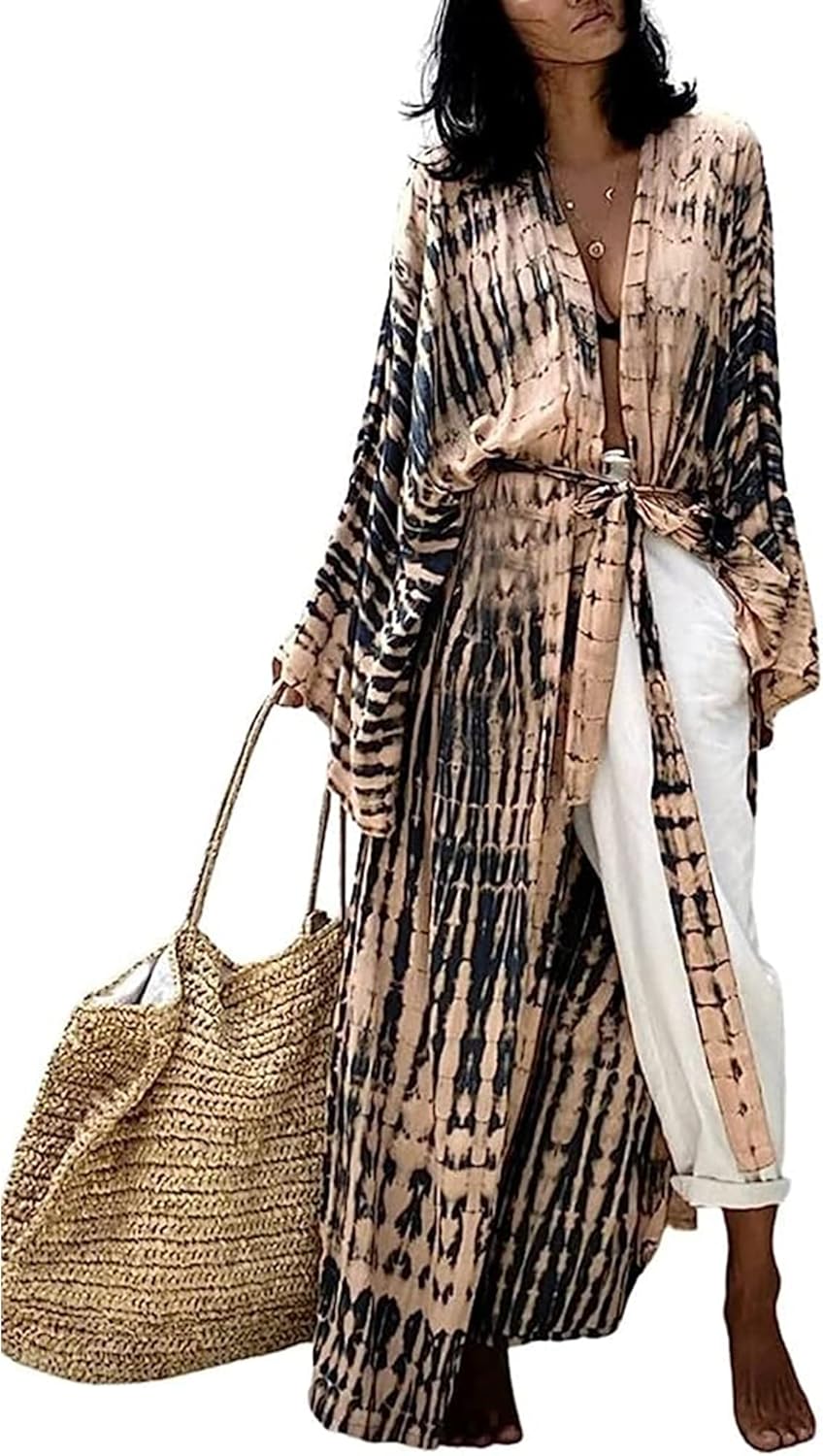 Chunoy Women Loose Long Flowy Open Front Kimono Cardigan Beach Wear Cover Up