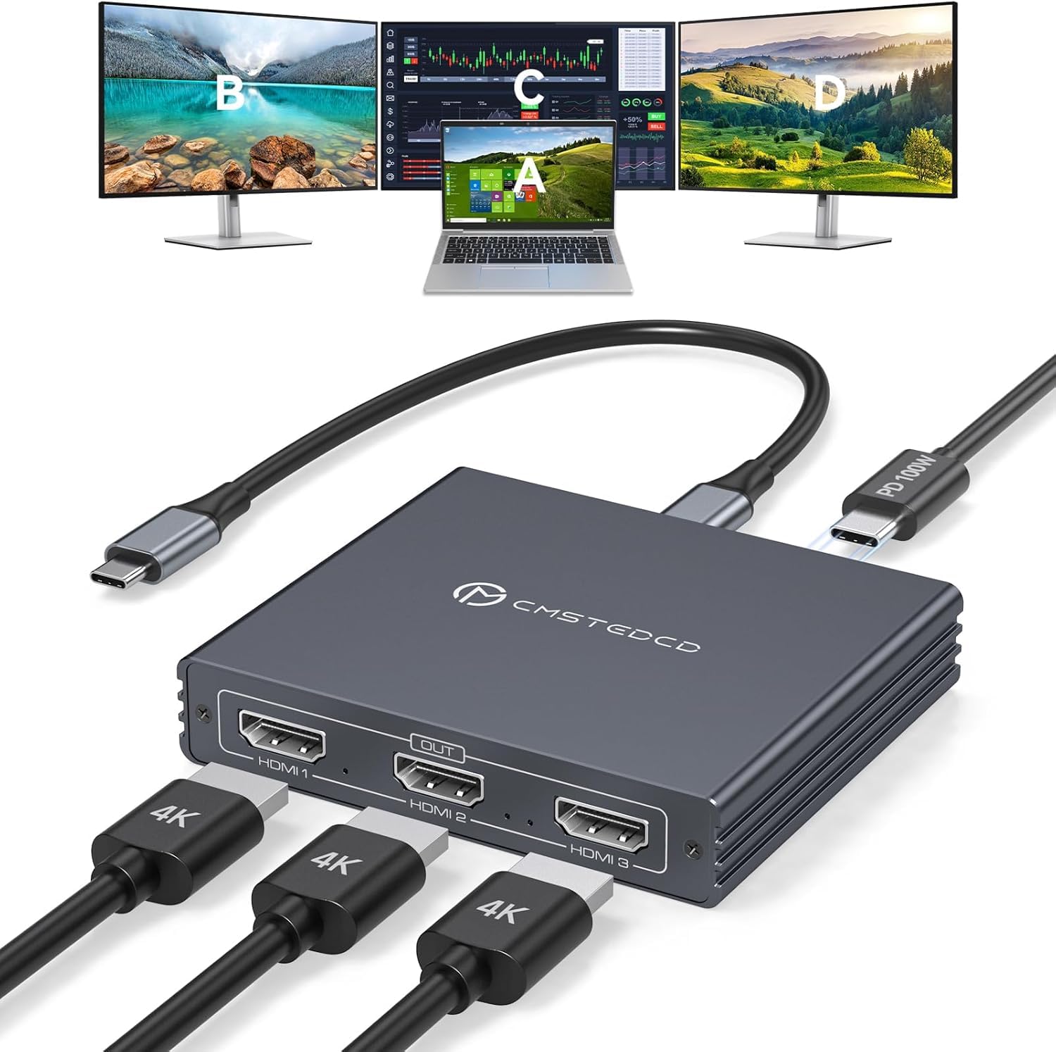 USB C auf 3 HDMI Adapter 4K@60Hz HDMI Splitter 3 Monitore Gleichzeitig Erweitern MST HUB USBC Splitter 1 In 3 Out mit 100W PD-Ladefunktion Kompatibel mit Laptop, PC, USB-C-Grafikkarten