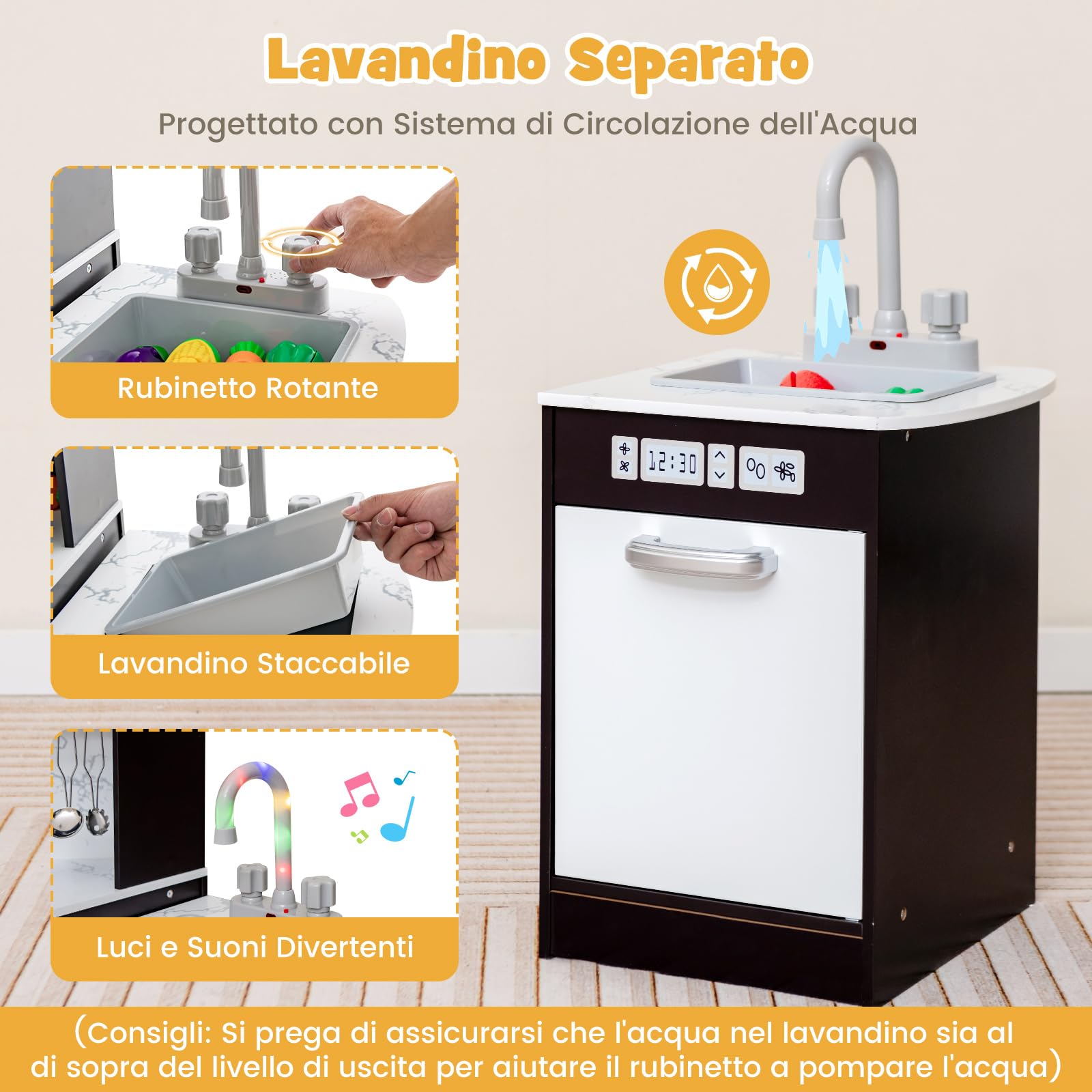 COSTWAY Set di Cucina Giocattolo per Bambini, con Suoni e Luci Divertenti, Lavabo, Forno a Microonde, Macchina del ghiaccio e Lavastoviglie, Lavagna, Ideale per Bambini 3 Anni+ (Caffè)
