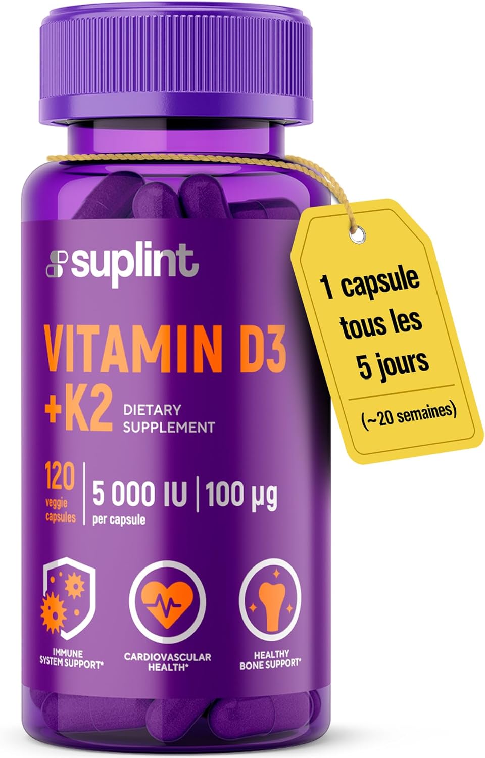 Vitaminen D3 + K2 5000 IU – 120 veganistische capsules – 98% Trans K2 – MK7 – Hoge dosis vitamine D voor vrouwen en mannen – Voor botten, hart en gezondheid – Niet-GMO, Glutenvrij