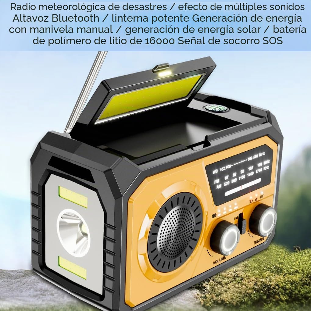 Radio de Emergencia con batería Recargable de 16000 mAh con manivela, Radio Solar portátil de Emergencia NOAA/FM/Am, SOS, Compass, Bluetooth 5.3, Linterna, USB de Teléfono (Gris Oscuro)