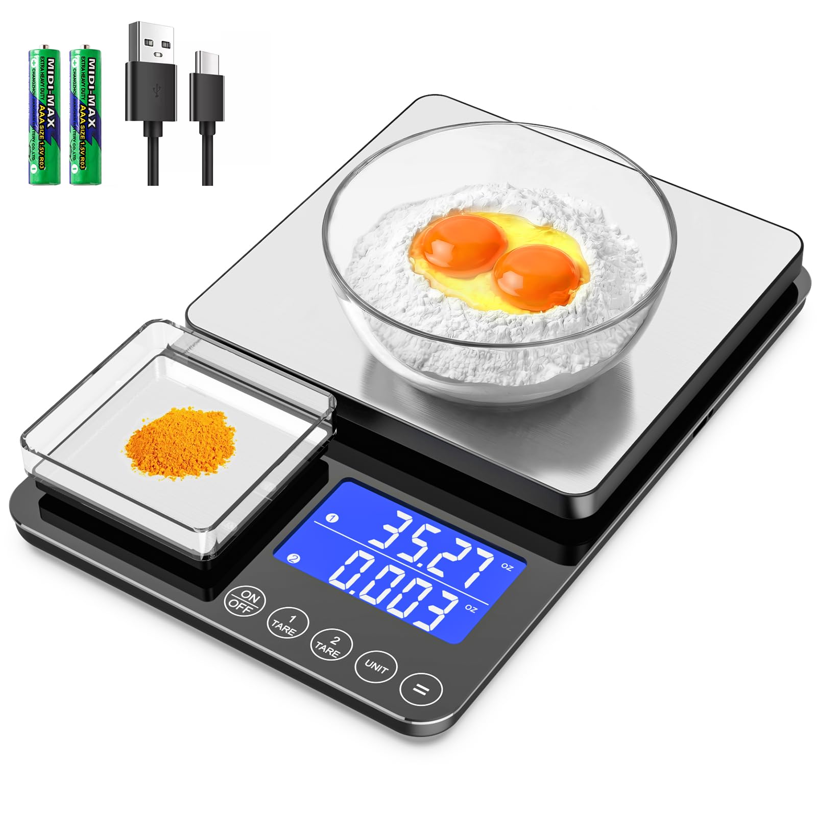 KKZ Dual-Plattform-Lebensmittelwaage, 15 kg/0,0 g, digitale Küchenwaage, wiederaufladbar, mit 7 Einheiten, Tara-Akkumulationsfunktion zum Backen, Kochen, Kaffee, Sauerteigbrot, Edelstahl