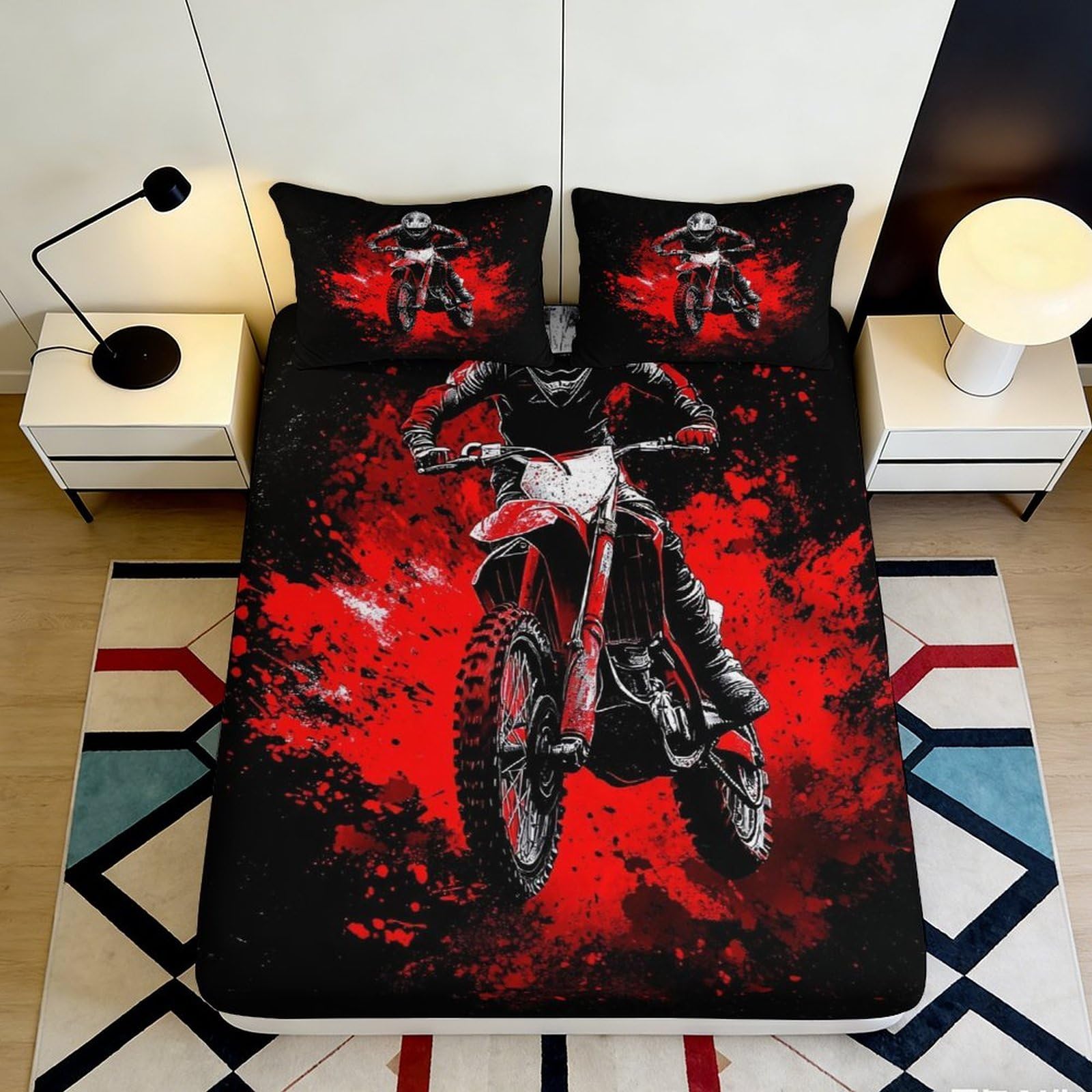 3D Printed Motocross Splash Fitted Sheet Microfiber Red Black Bed Cover Anti-Slip Bedroom Dorm Mattress Protector Decor 180x200x25cm