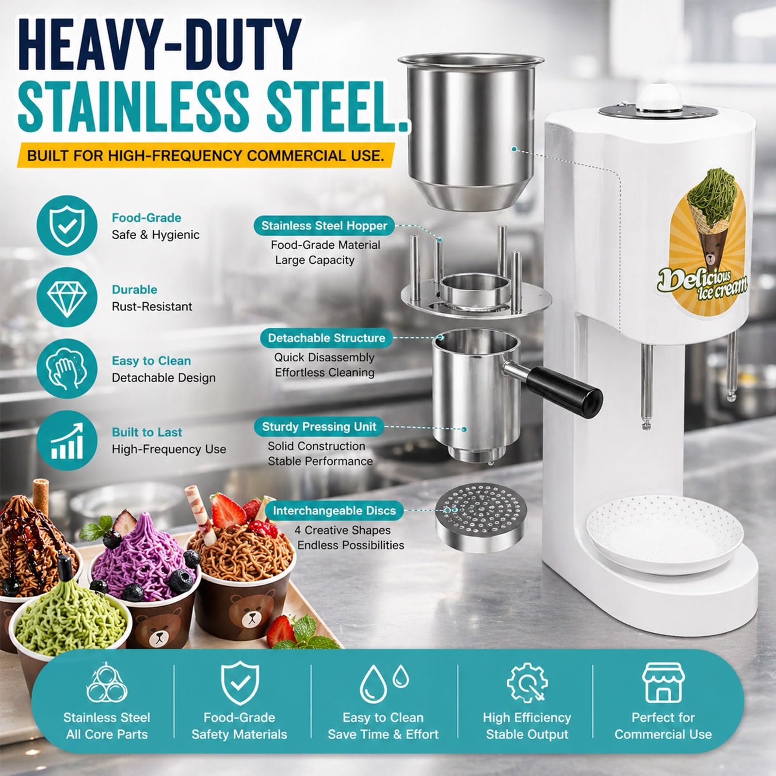 Machine à Glace Italienne Style Spaghetti, Presse à Crème Glacée Professionnelle avec 4 Formes, Moulage Rapide pour Événements et Catering, 80W, Haute Capacité 40L/h(White)