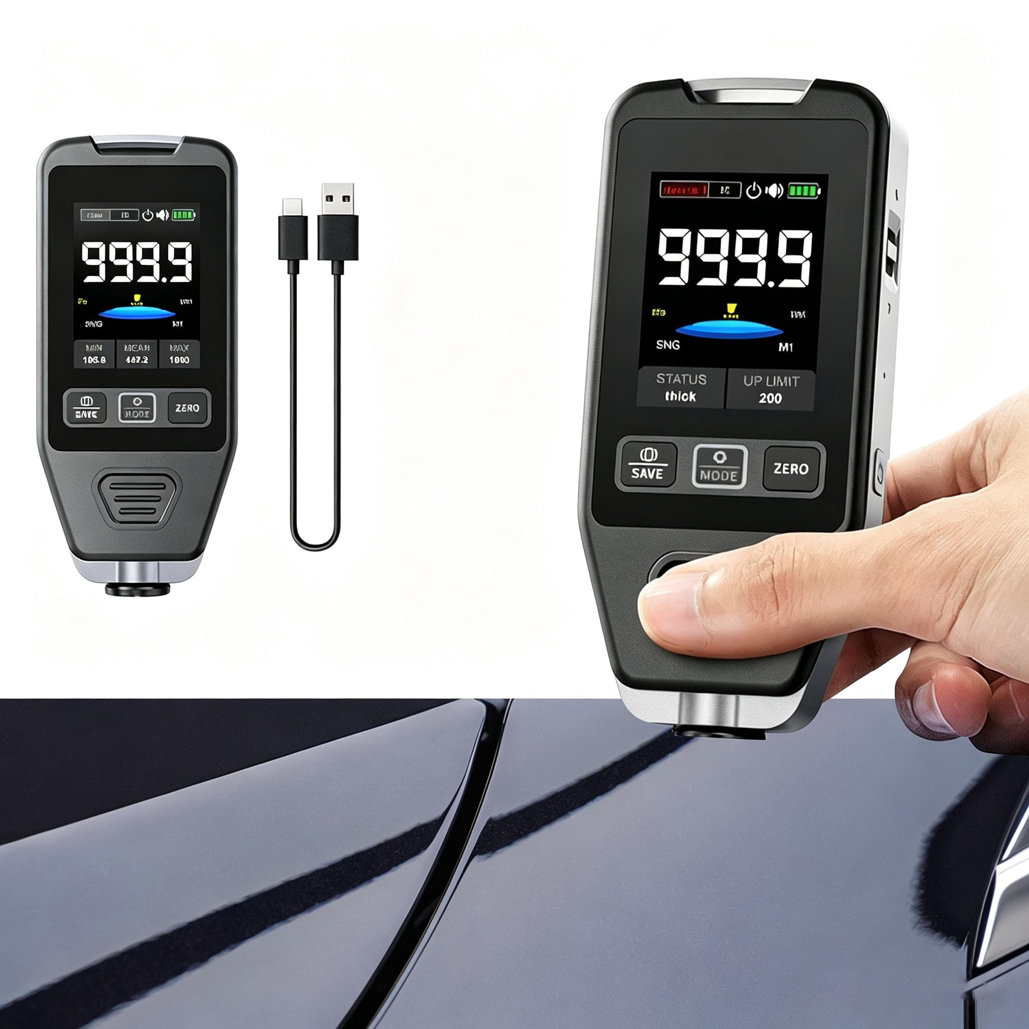 CTG-20 Jauge d’Épaisseur de Peinture pour Voiture, Fe/NFe/Fe+Zn, 0-1400μm Testeur Revêtement Carrosserie, Précision ±(3%+2 μm), Résolution 0,1μm, Deux Modes de Mesure, Étalonnage Zéro/Multi-points
